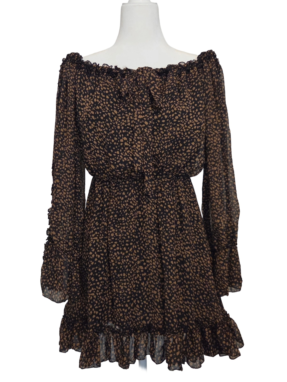 Key Couture Black and Brown Animal Leopard Print Off-Shoulder Ruffle Mini Dress